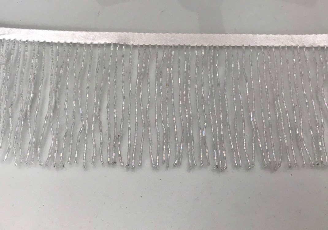 5 Yard Bolt-4/4.5" IRIDESCENT Crystal White AB Clear Glass BUGLE Bead Beaded Fringe Lamp Costume Trim