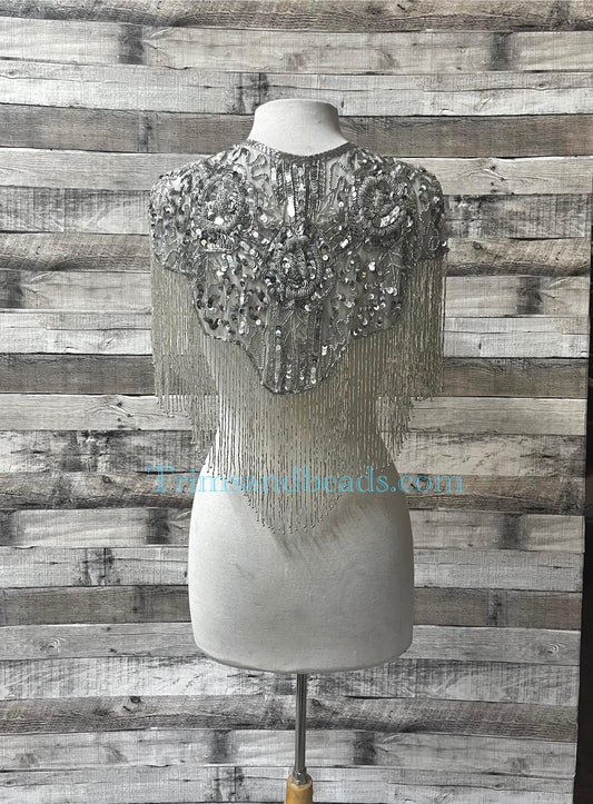 SILVER  Sequin Glass Rose Beaded & Sequin Lace Collar Shoulder Shrug Shawl Applique Wrap Bridal