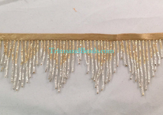 3" GOLD/SILVER Ombre Glass CHEVRON Bugle Bead Beaded Fringe Lamp Costume Trim Variegated