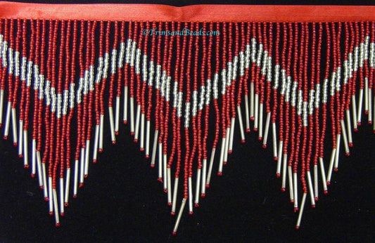 6/6.5" Red & Silver Glass SEED Bugle Beaded Fringe CHEVRON Lamp Costume Trim Variegated