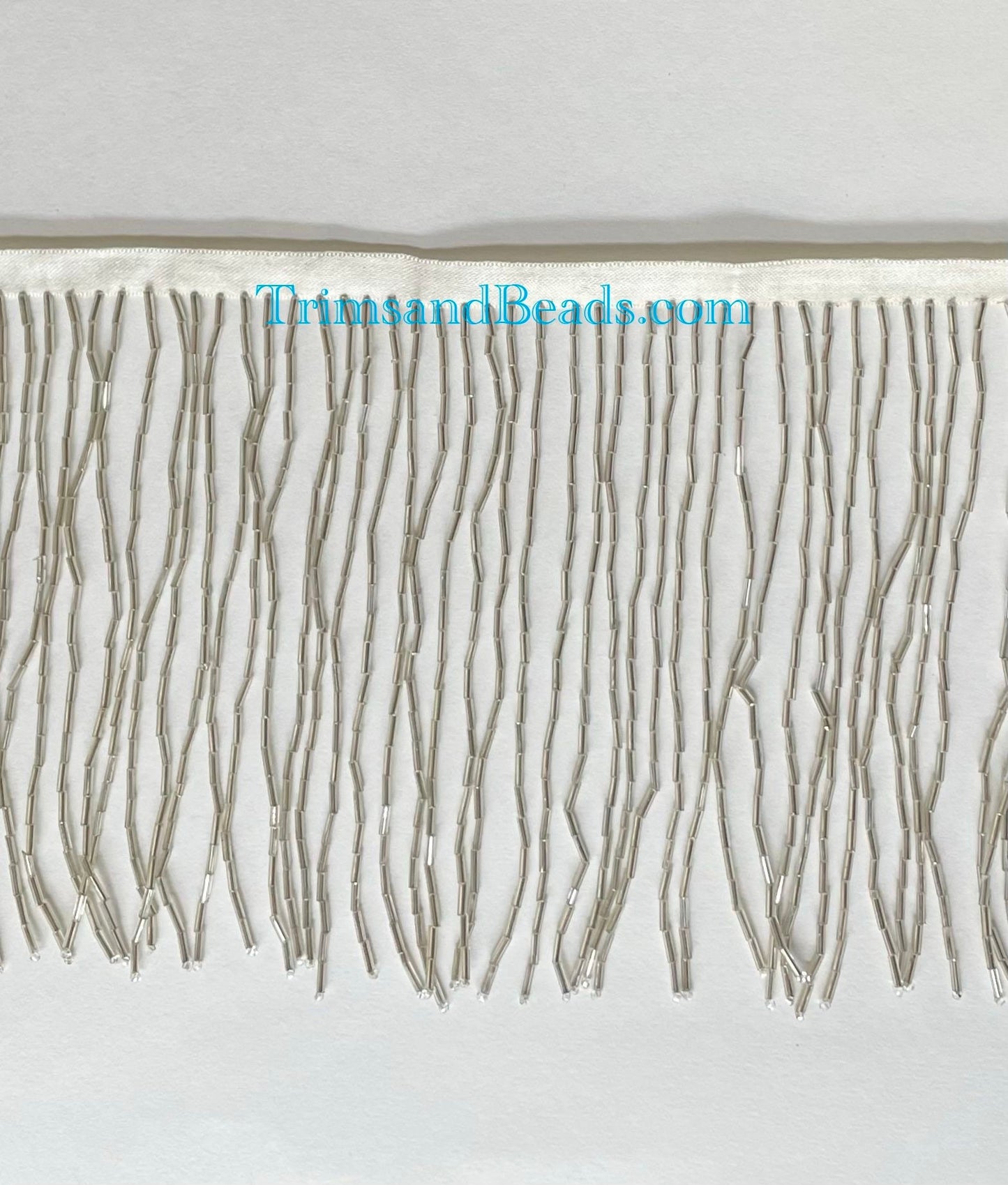 By the Yard-6" SILVER Glass BUGLE TUBE Bead Beaded Fringe Lamp Costume Trim Choose Length
