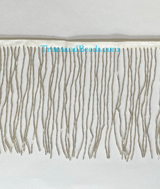 By the Yard-6" SILVER Glass BUGLE TUBE Bead Beaded Fringe Lamp Costume Trim Choose Length