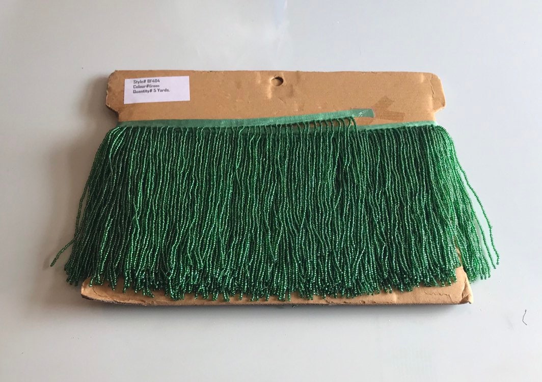 5 yard bolt 6" EMERALD GREEN Glass SEED Bead Beaded Fringe Lamp Costume Trim