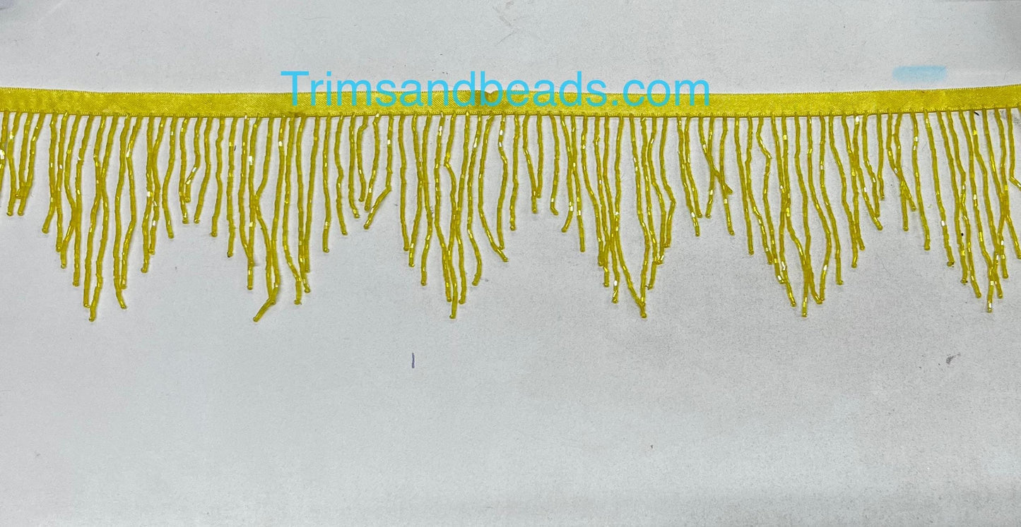 By the Yard-4/4.5" YELLOW Glass BUGLE Bead CHEVRON Beaded Fringe Lamp Costume Trim Variegated