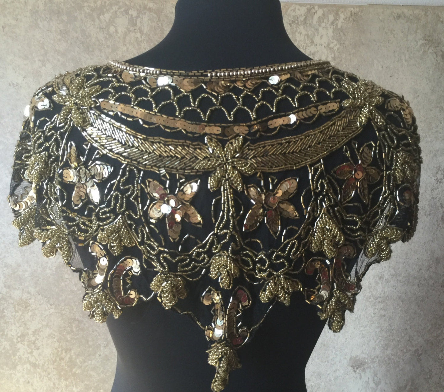 Sequin Glass Beaded & Sequin Wrap Lace Collar Shoulder Shrug Shawl Applique GOLD/BLACK Vintage Bridal