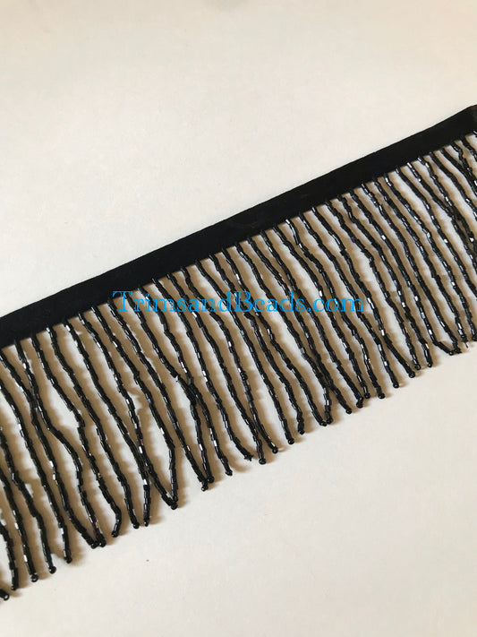 3" BLACK Glass BUGLE Bead Beaded Fringe Lamp Costume Trim