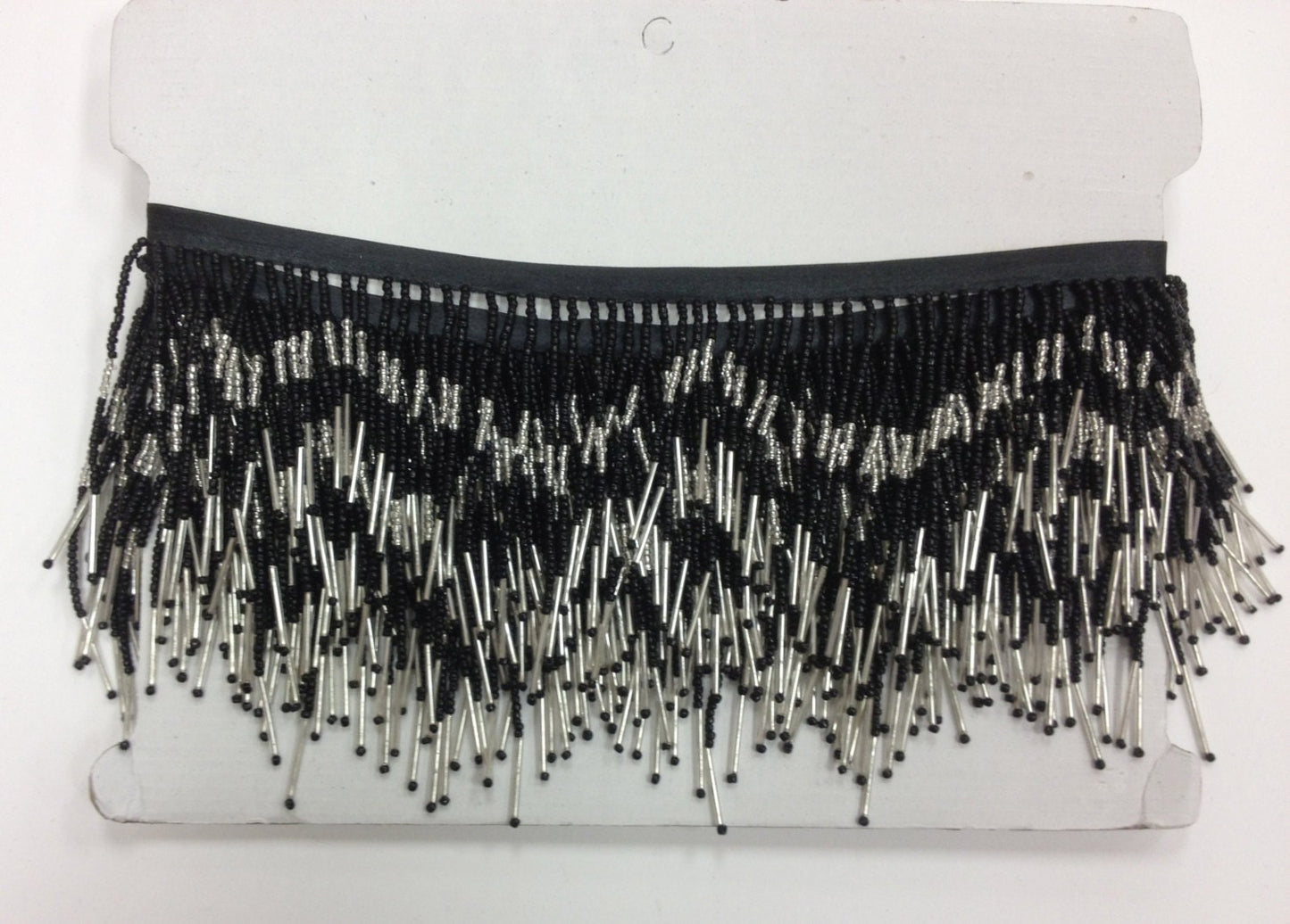 5 Yard Bolt 6.5" Black & Silver Glass SEED Bugle Beaded Fringe CHEVRON Lamp Costume Trim Variegated