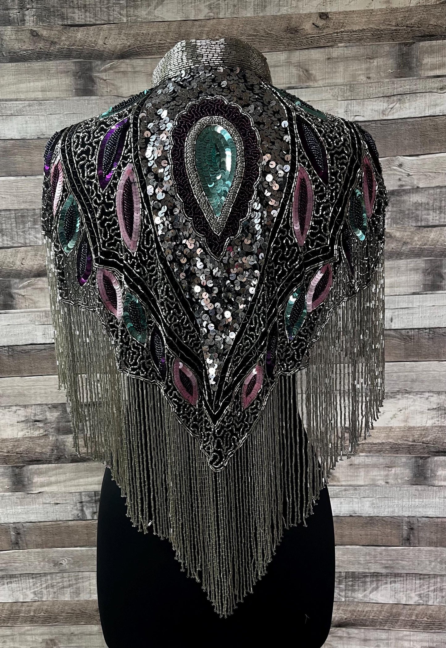 MULTI Colored SILVER Beaded & Sequin Long Glass Fringe Collar Shoulder Shrug Shawl Applique Wrap Bridal Western Rodeo