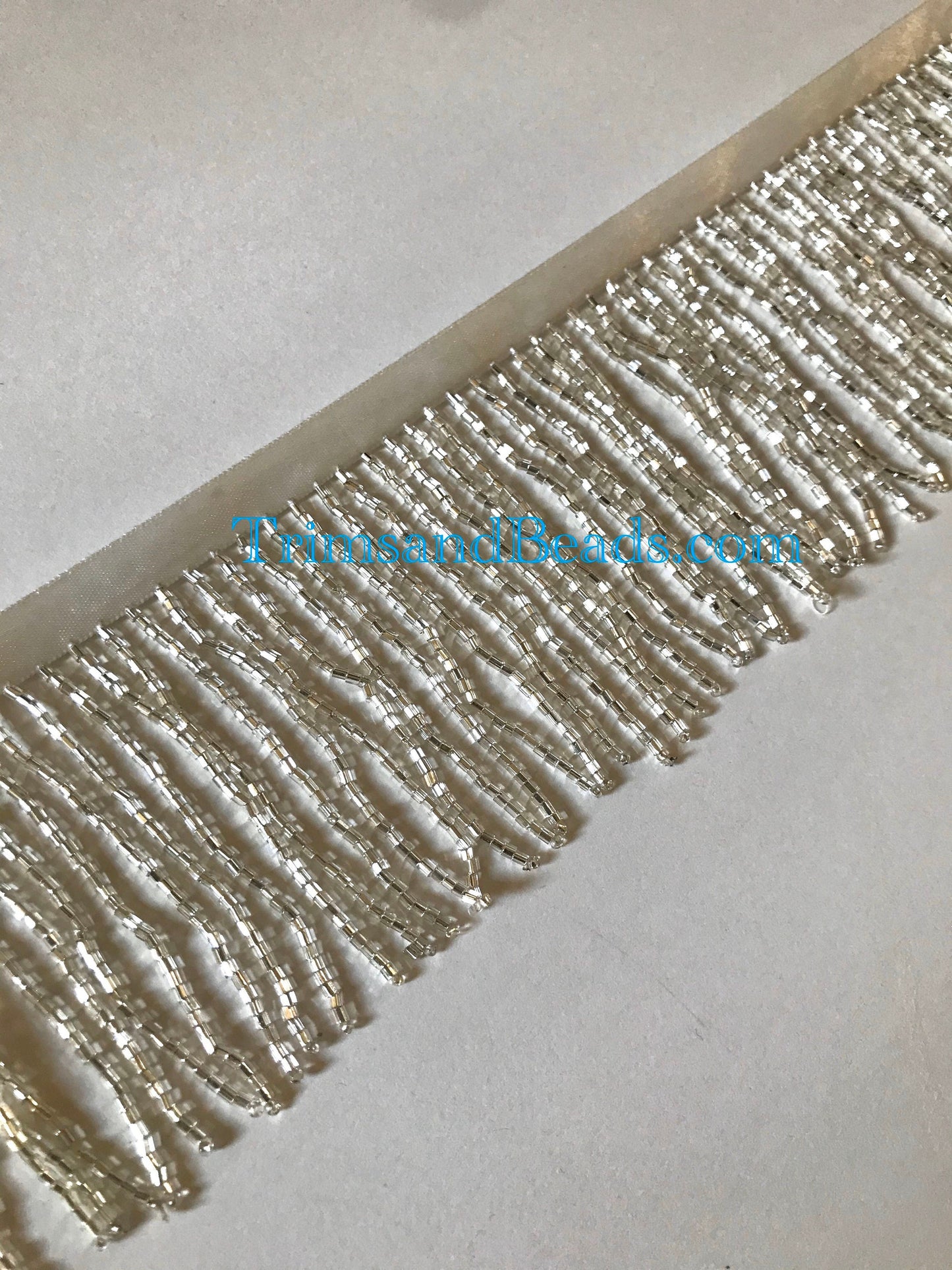 3/3.5" SILVER Glass BUGLE Bead Beaded Fringe Lamp Costume Trim