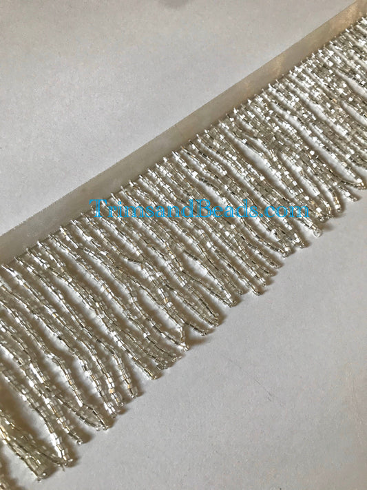 3/3.5" SILVER Glass BUGLE Bead Beaded Fringe Lamp Costume Trim
