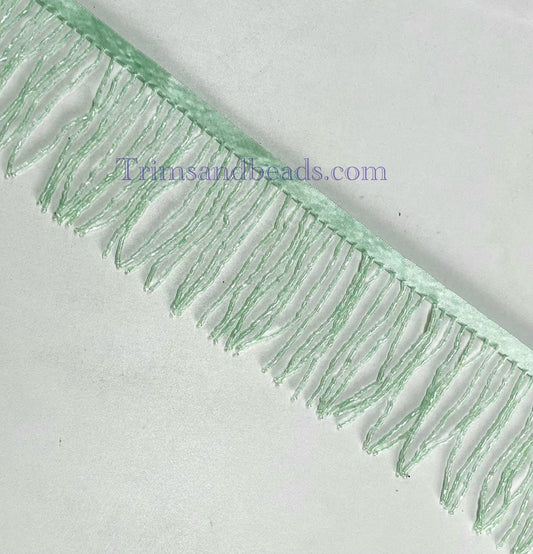 By Yard-3/3.5" MINT GREEN Glass BUGLE Bead Beaded Fringe Lamp Costume Trim