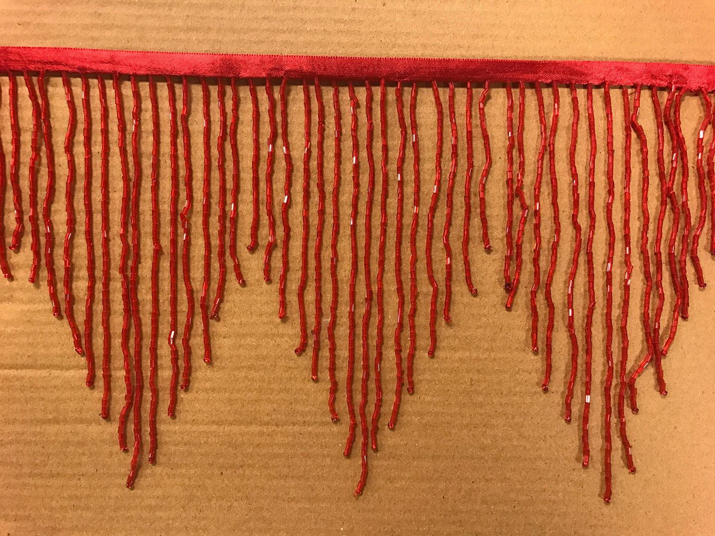 5 yard bolt- 6.5"/6" RED Glass CHEVRON BUGLE Bead Beaded Fringe Lamp Costume Trim Variegated