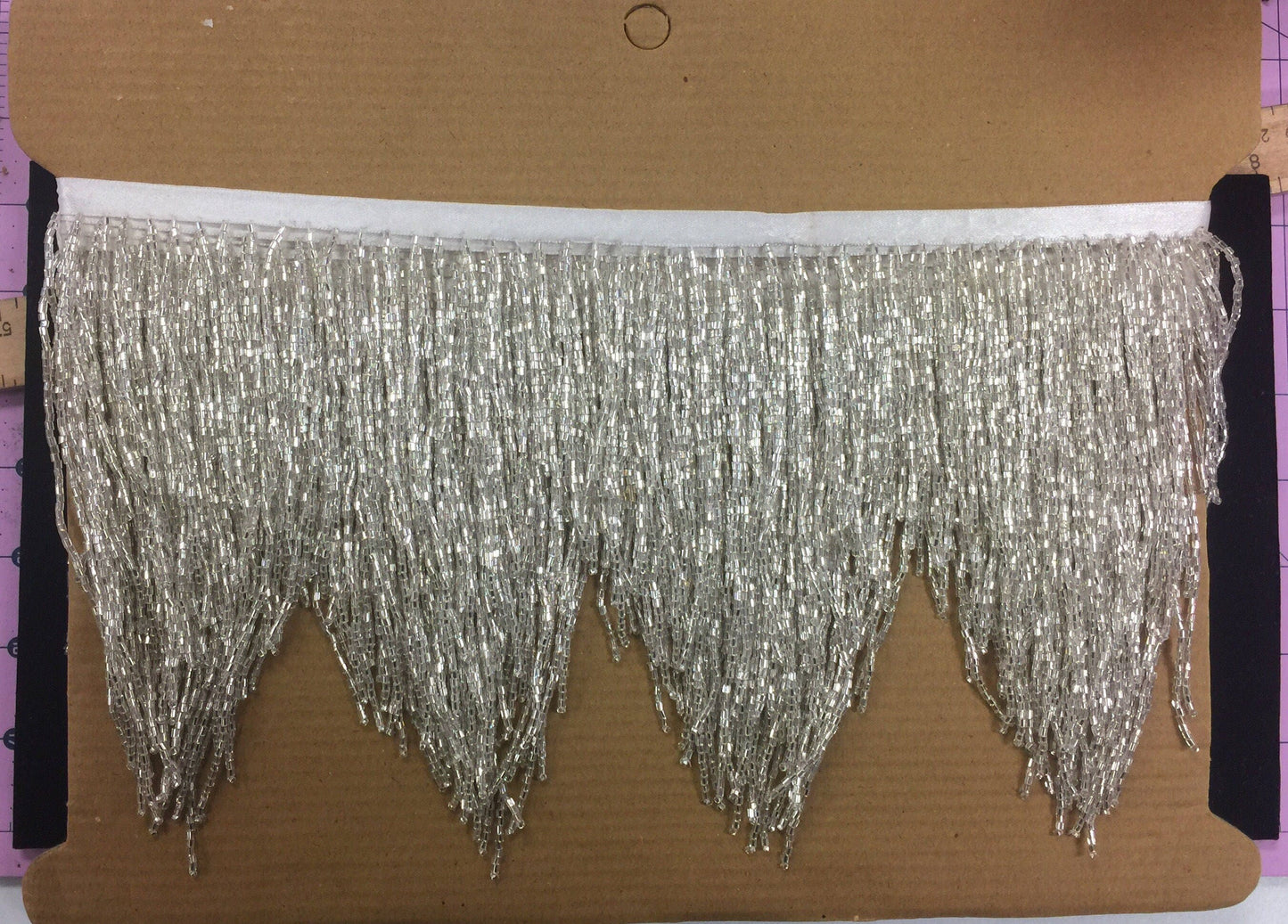 5 yard bolt 6.5" Silver Glass CHEVRON BUGLE Bead Beaded Fringe Lamp Costume Trim Variegated