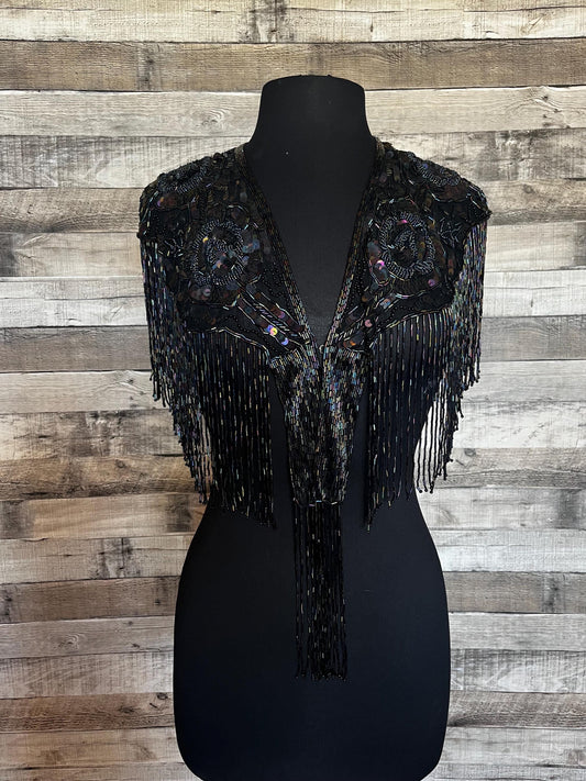 BLACK AB Sequin Glass Rose Beaded & Sequin Lace Collar Shoulder Shrug Shawl Applique Wrap Bridal