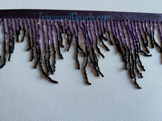 3" Dark Purple/Black Ombre Glass CHEVRON BUGLE Bead Beaded Fringe Lamp Costume Trim Variegated