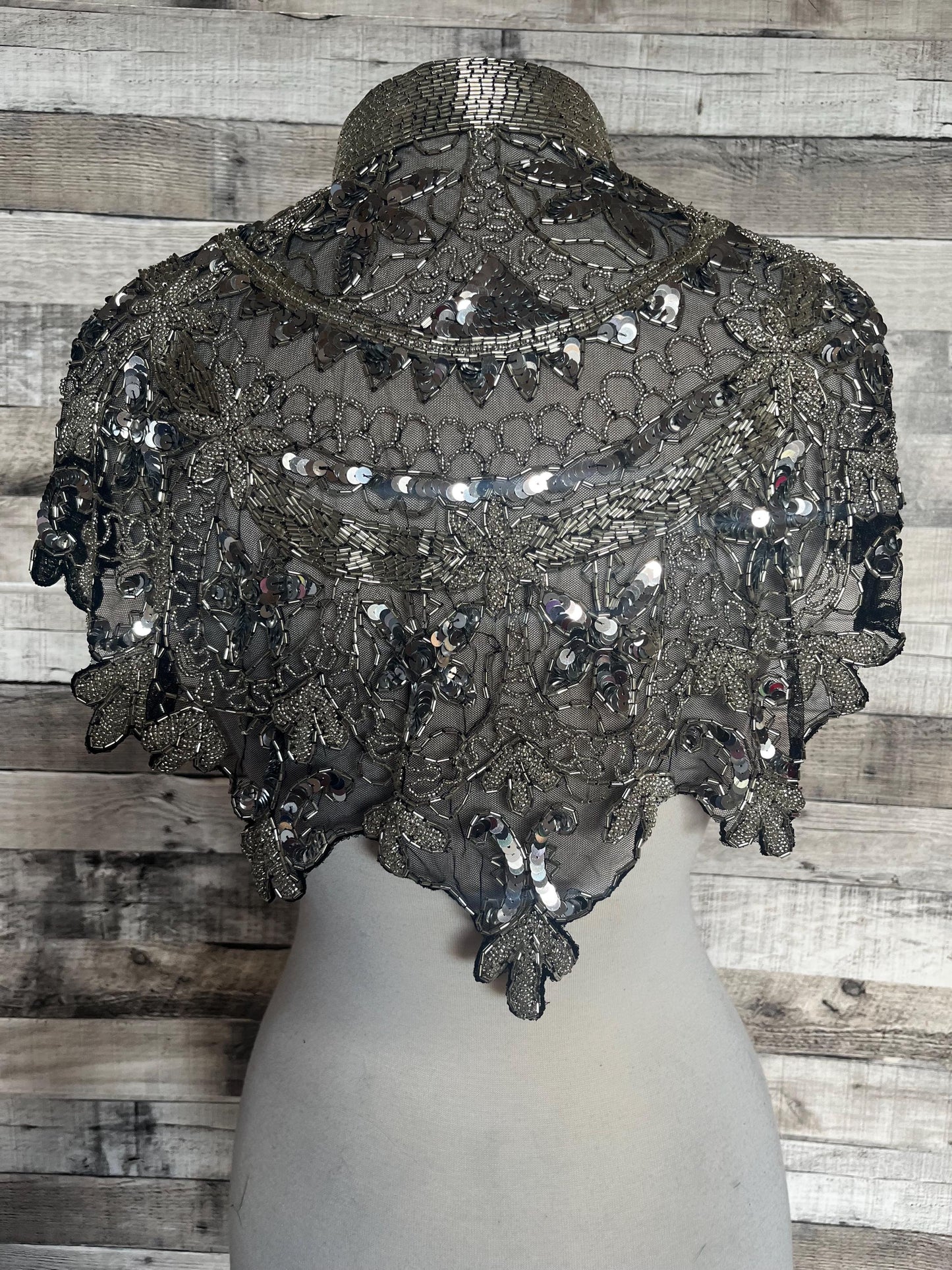SILVER/BLACK Sequin Glass Beaded & Sequin FULL Wrap Lace Collar Shoulder Shrug Shawl Applique