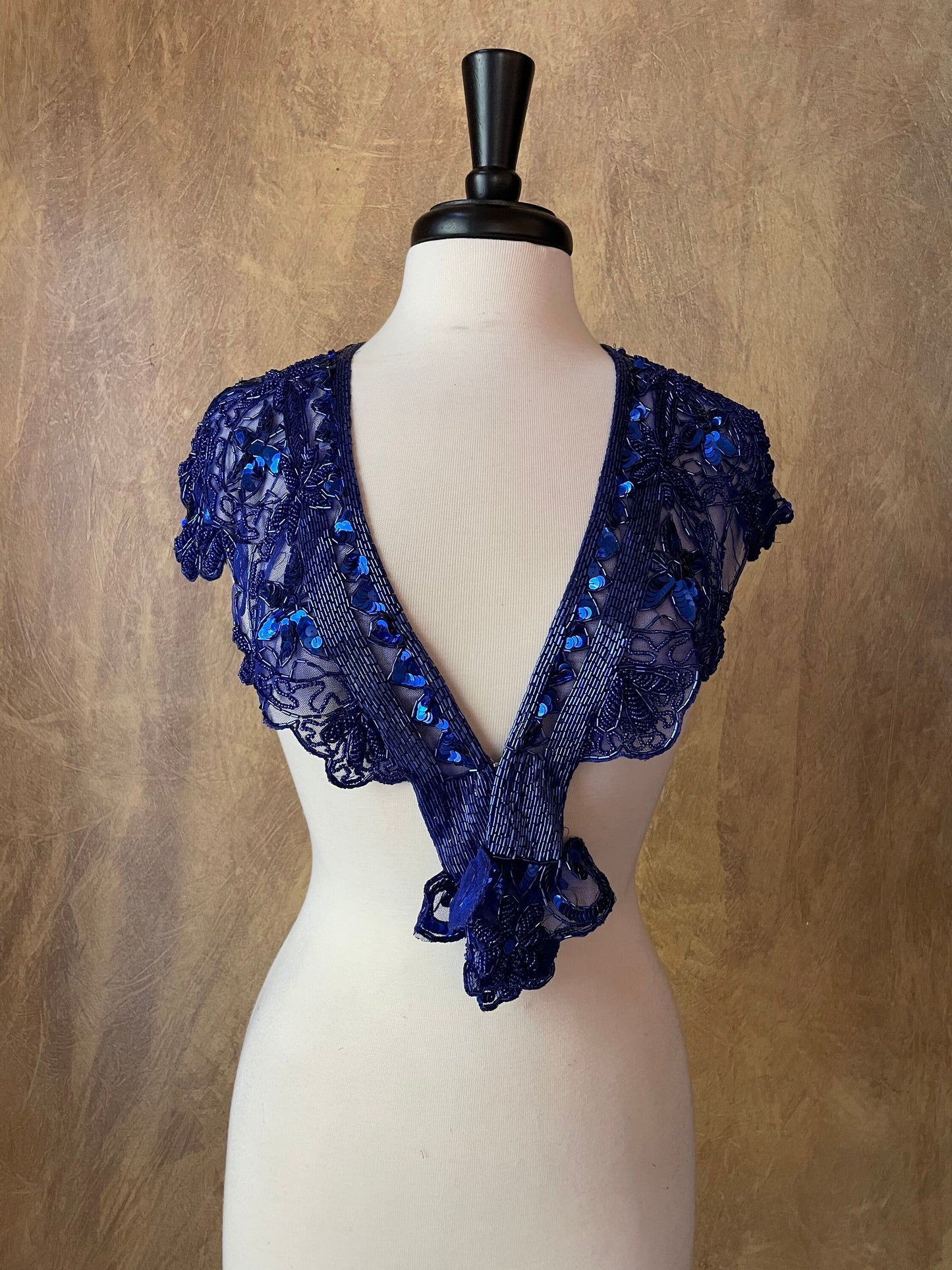 Royal Blue Sequin Glass Beaded & Sequin Wrap Lace Collar Shoulder Shrug Shawl Applique Vintage