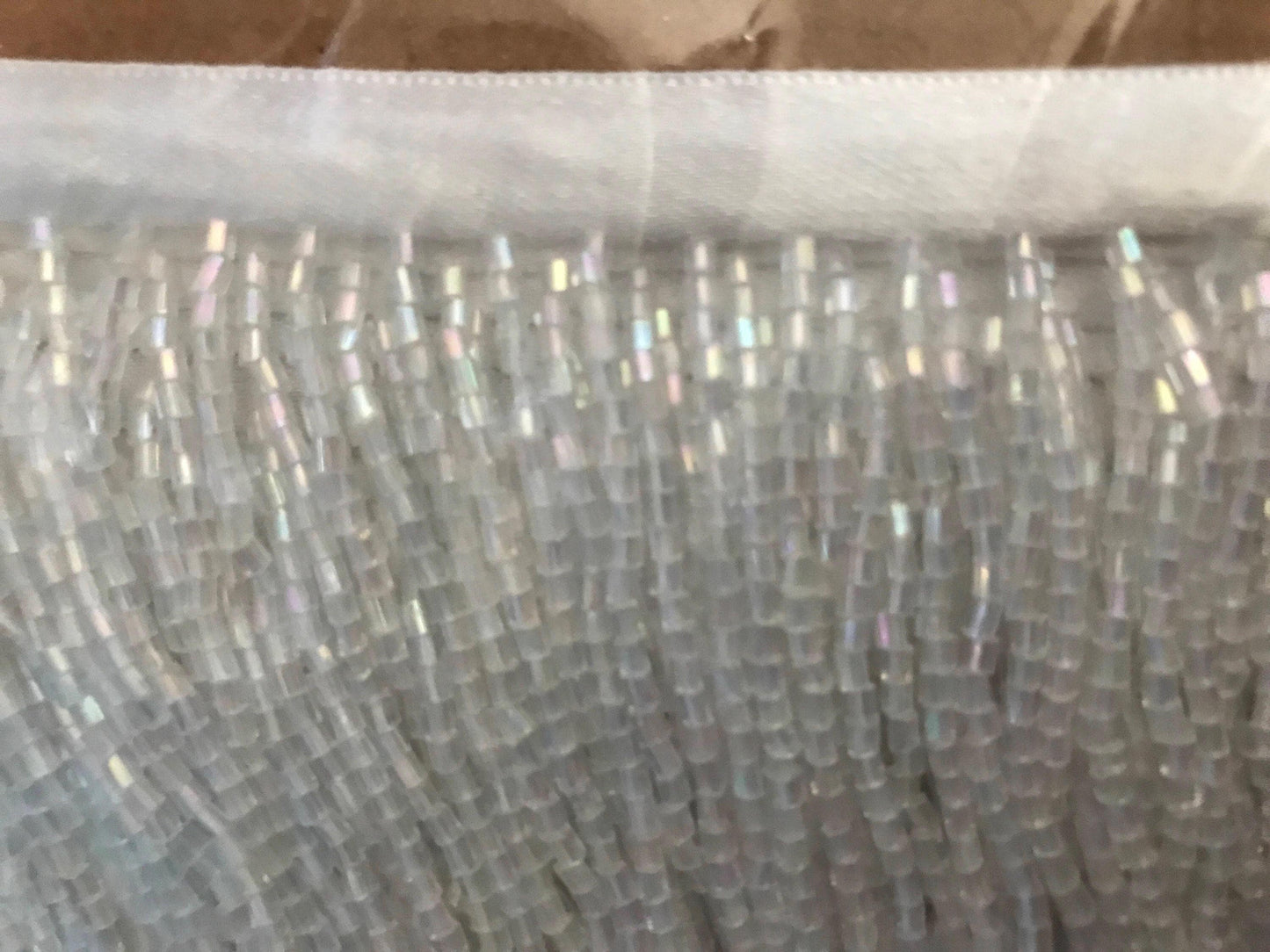 6" IRIDESCENT Clear White Crystal AB Glass BUGLE Bead Beaded Fringe Lamp Costume Trim