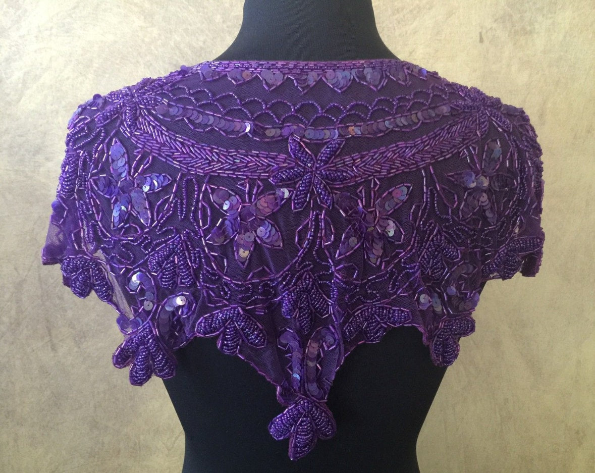 Sequin Glass Beaded & Sequin Wrap Lace Collar Shoulder Shrug Shawl Applique Purple Vintage Bridal