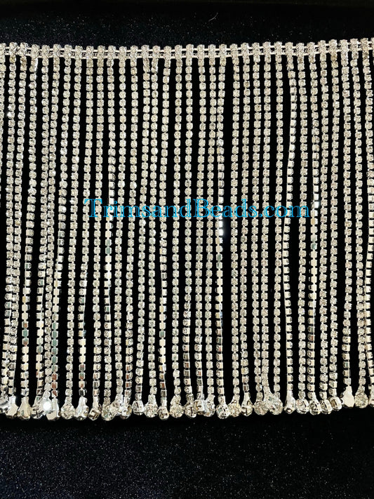 By the Yard-5.5”-SILVER CLEAR Glass RHINESTONE Silver Set Metal Fringe with Large Round Drop Ends
