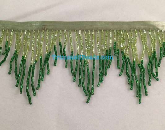 3" Lime/Emerald GREEN Glass CHEVRON Bugle Bead Beaded Fringe Lamp Costume Trim Variegated