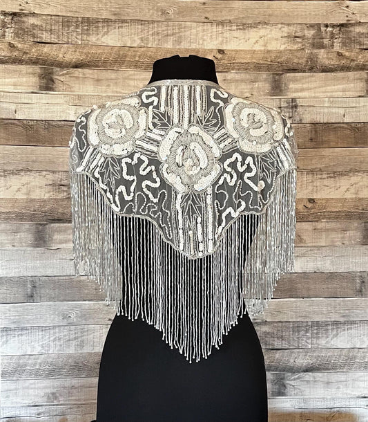 Iridescent WHITE AB Sequin Glass Rose Beaded & Sequin Lace Collar Shoulder Shrug Shawl Applique Wrap Bridal