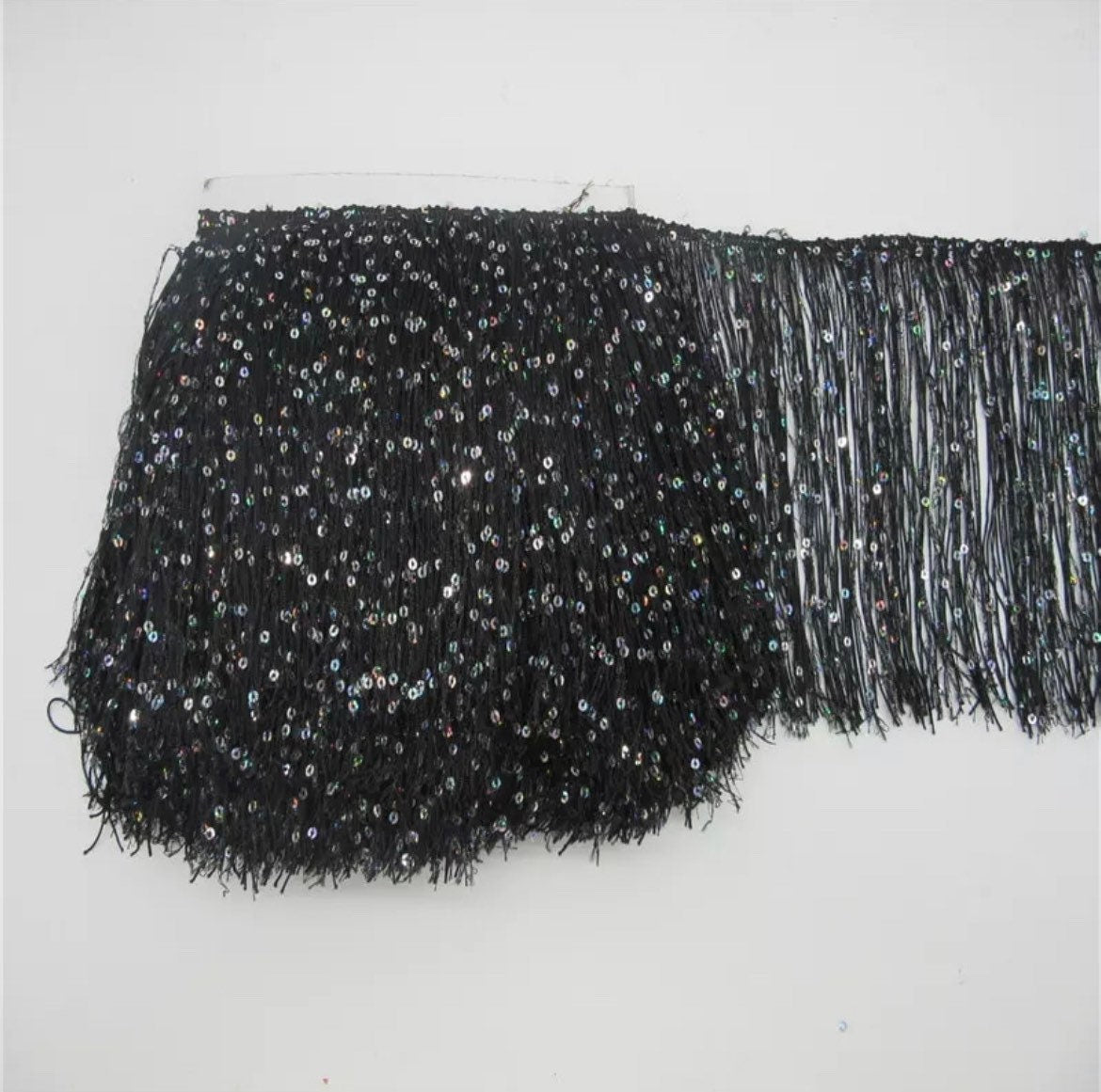 By the Yard-8" BLACK with SILVER laser Sequins CHAINETTE Fabric Fringe Lampshade Lamp Costume Trim