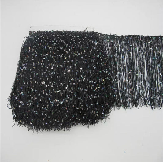 By the Yard-8" BLACK with SILVER laser Sequins CHAINETTE Fabric Fringe Lampshade Lamp Costume Trim