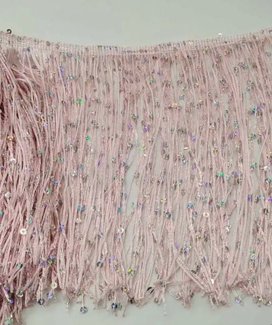 By the Yard-8" Light PINK with SILVER laser Sequins CHAINETTE Fabric Fringe Lampshade Lamp Costume Trim