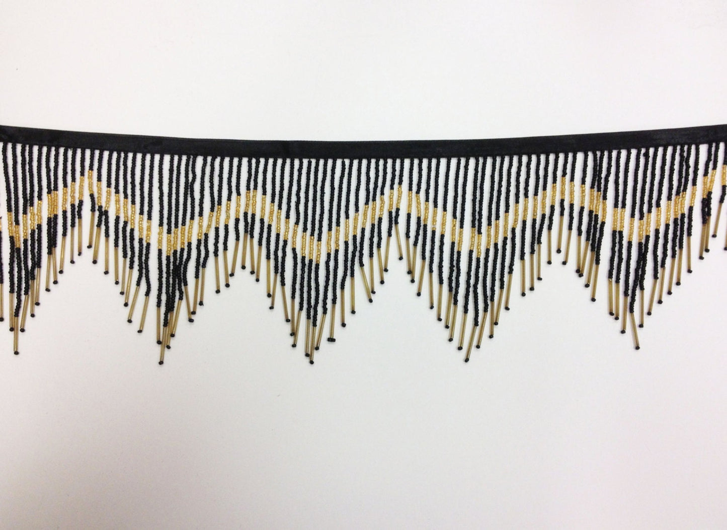 6" Black & Gold Glass SEED Bugle Beaded Fringe CHEVRON Lamp Costume Trim
