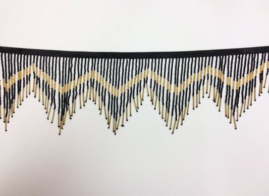 6" Black & Gold Glass SEED Bugle Beaded Fringe CHEVRON Lamp Costume Trim