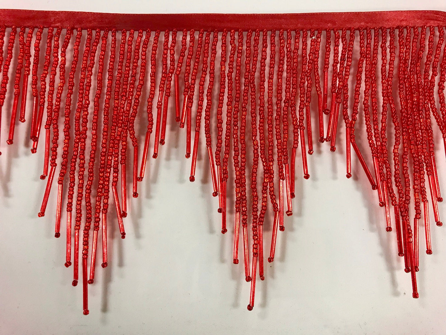 5 yard bolt-6/6.5" RED Glass SEED & Bugle Bead Beaded Fringe CHEVRON Lamp Costume Trim Variegated