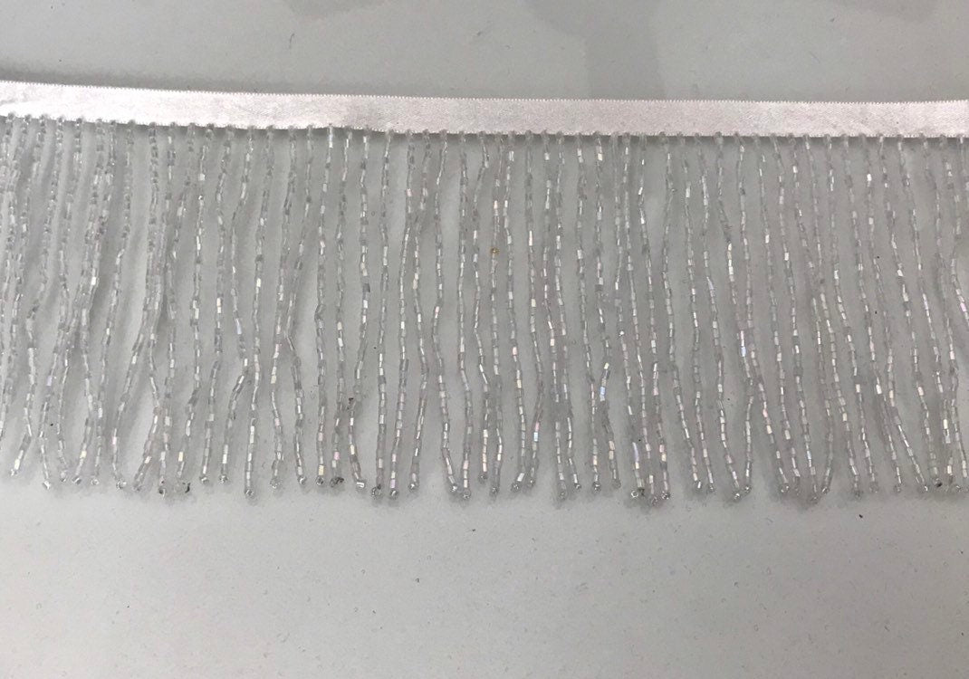 4" IRIDESCENT White Crystal AB Glass BUGLE Bead Beaded Fringe Lamp Costume Trim