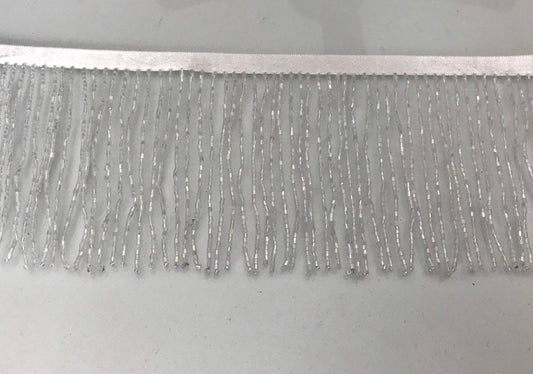 4" IRIDESCENT White Crystal AB Glass BUGLE Bead Beaded Fringe Lamp Costume Trim