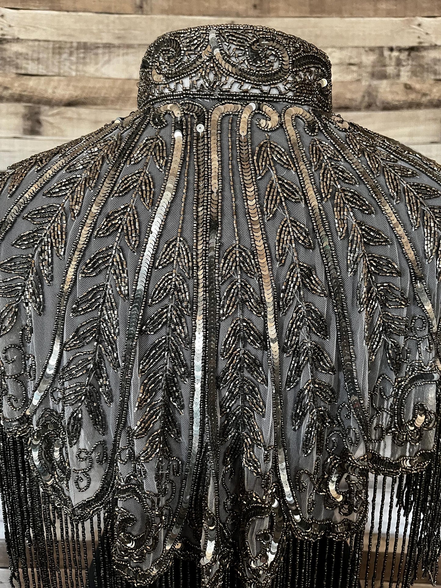 DARK SILVER Fringe Sequin Glass Beaded & Sequin Collar Shoulder Shrug Shawl Applique Wrap Western Rodeo