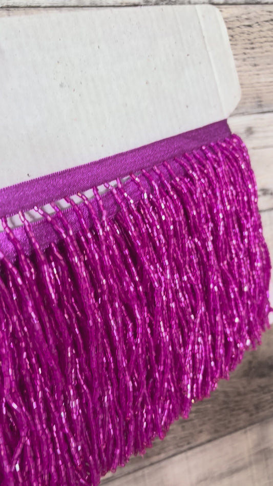 4" FUCHSIA AB Glass BUGLE Bead Beaded Fringe Lamp Costume Trim