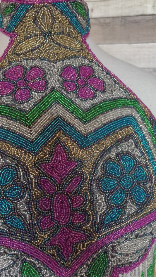 Glass Seed Bead Halter Crop Top with long Fringe
