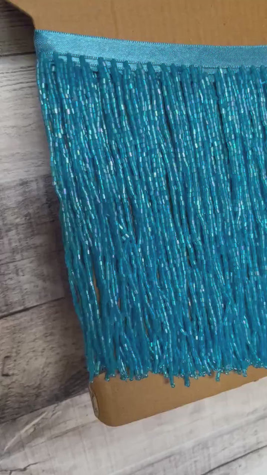 6" Dark Turquoise AB Glass BUGLE Bead Beaded Fringe Lamp Costume Trim