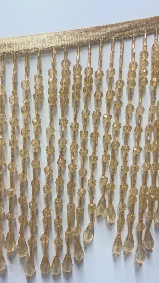 5" Honey Yellow Gold ACRYLIC & Glass Bead Beaded Fringe Teardrop Ends Lamp Costume Trim