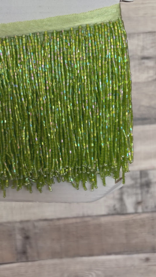 4" LIME AB Glass BUGLE Bead Beaded Fringe Lamp Costume Trim